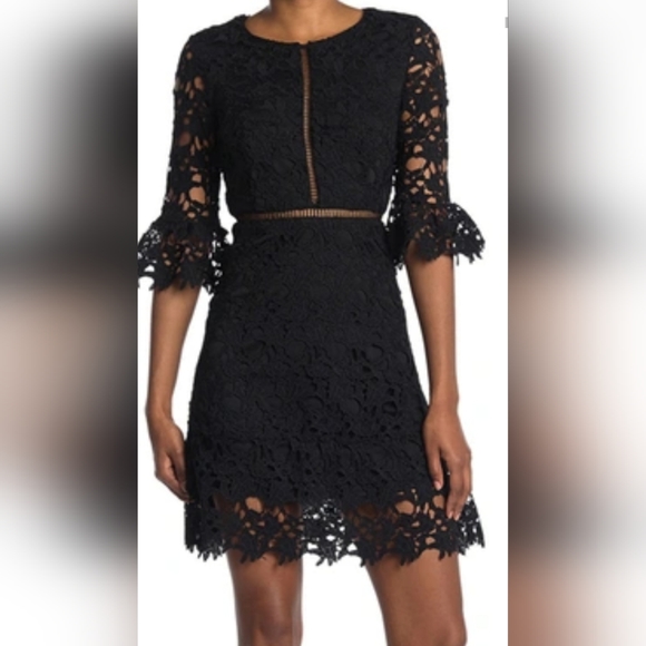 New Love X Design Jet Black Bell Sleeve Lace Mini Dress Fit And Flare Medium - Picture 2 of 16